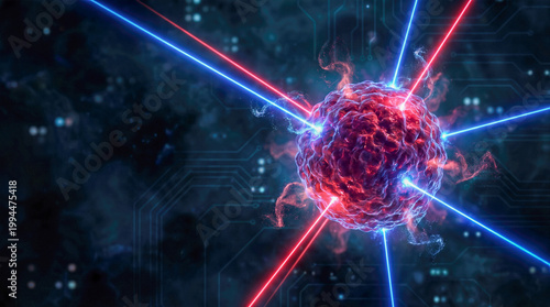 red microscopic virus cell targeted laser beams dark cybernetic circuit board background medical science biotechnology oncology disease treatment healthcare concept