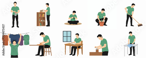 Everyday Flat Illustration of Man Engaged in Various Domestic Chores and Personal Hobbies Collection
