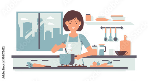 Woman cooking in a kitchen illustration with various food items and cityscape