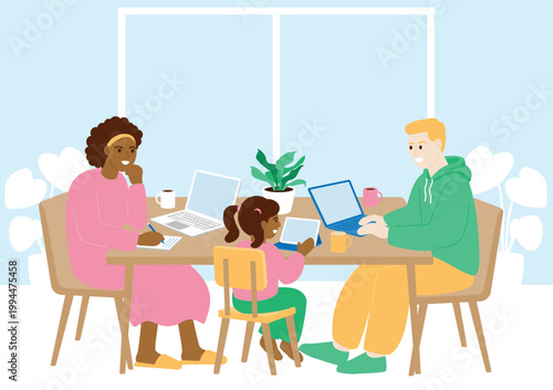 Interracial family using digital devices for work and education at home