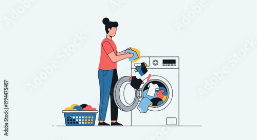 Woman loading washing machine doing laundry cartoon illustration vector