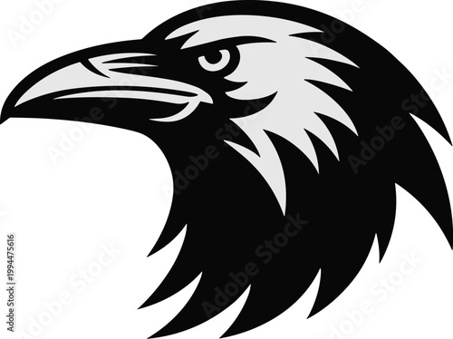 Raven Head Graphic Logo: Majestic, Mysterious, Intelligent Bird of Prey Symbolizing Wisdom, Dark Omens, and Gothic Aesthetics. Black Silhouette Emblem for Gaming, Esports, Brands, Fantasy Art, Editori