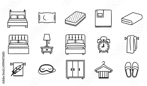 Modern bedroom bedding thin line icon set with sleep furniture and textile symbols vector