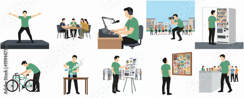 Diverse Flat Illustration Collection Depicting a Man's Everyday Life Activities and Hobbies