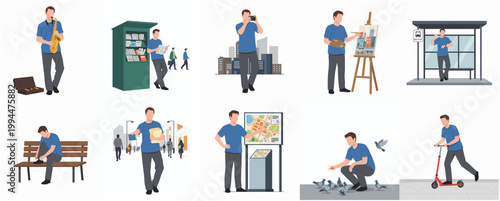 Flat Design Illustration of a Man Engaged in Various Urban Daily Activities and City Lifestyle Scenes