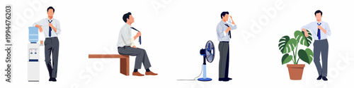 Set of businessmen suffering from summer heat in the office, wiping sweat and using a fan or water cooler to cool down.
