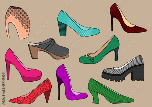 Colorful Women High Heel Shoes Hand Drawn Vector Collection