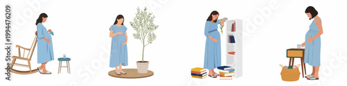 Flat illustration set featuring pregnant women in blue dresses in various domestic settings, preparing for motherhood and home life.
