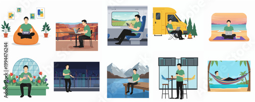 Modern Flat Illustration People Working Remotely From Diverse Locations Digital Nomad Lifestyle Scene Collection