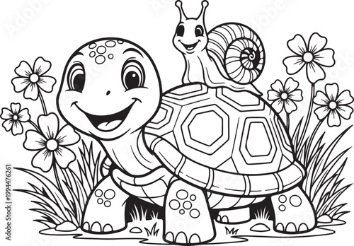 Turtle and snail cartoon illustration with flowers and grass