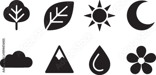 Weather and nature icons including sun moon cloud mountain and leaf