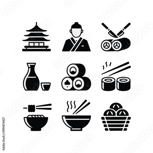 Japanese Cuisine and Culture Icon Set: Sushi, Ramen, Pagoda, and Traditional Symbols