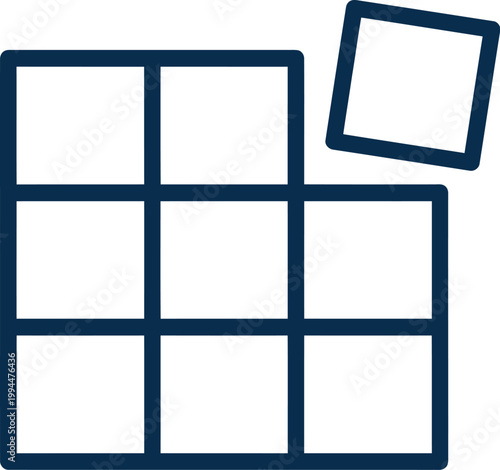 Abstract geometric composition featuring a grid of nine squares forming a larger square with one detached square floating above symbolizing data organization strategic planning and digital