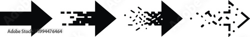 Conceptual progression of a solid black arrow transforming into fragmented digital pixels illustrating data loss digital decay and the evolution of information in a clean minimalist white