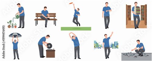 Flat Design Man Character Engaging in Diverse Daily Life Activities Illustration Set