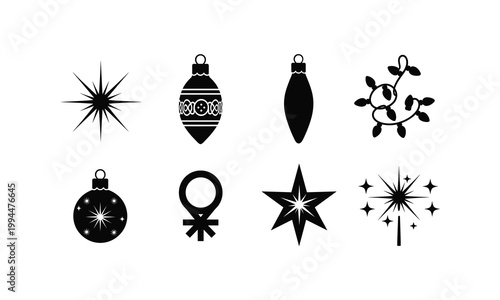 Christmas ornament icons and sparkling star silhouette vector illustration set for holiday.