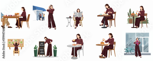 Flat Illustration Modern Minimalist Woman Character Cafe Lifestyle Daily Routine Dining Activity Scene Collection