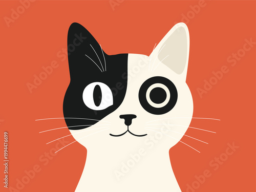 Stylized black and white cat head illustration with large eyes on a vibrant red background, minimalist vector art