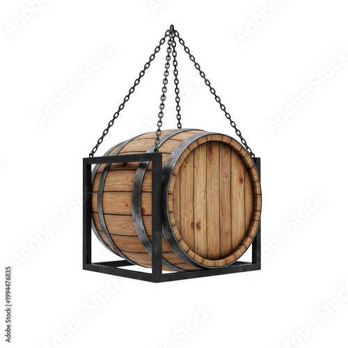 Wooden barrel suspended within a metal frame structure for storage or display