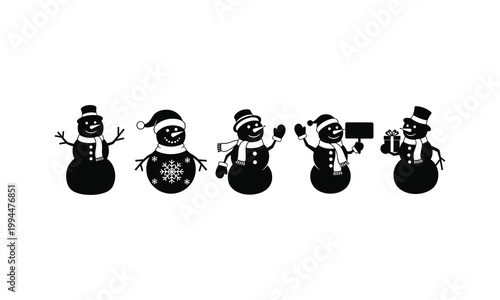 Funny snowman characters collection silhouette vector illustration in different poses set.
