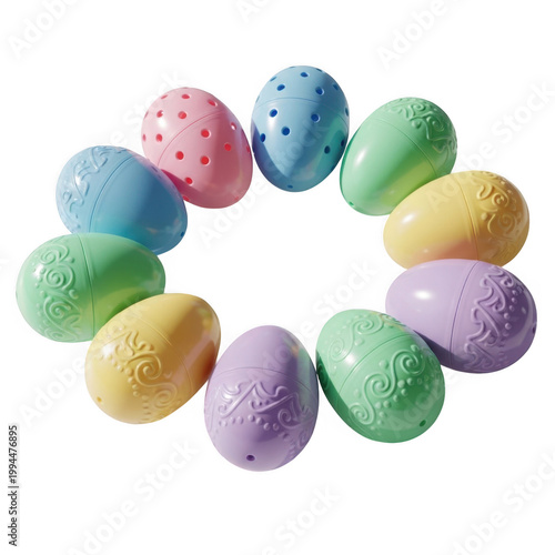 Colorful plastic eggs arranged in a circular formation on a flat surface