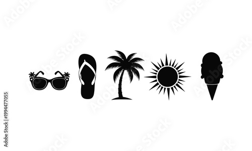 Summer beach vacation vector silhouette icons sunglasses flip flop palm tree.
