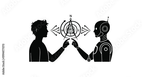 Human and robot silhouettes touch fingers to signify the future of artificial.