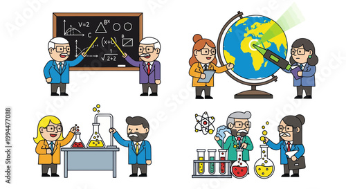 Diverse Teachers Illustrating Science, Math, and Geography Concepts
