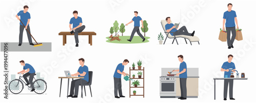 Minimalist Flat Illustration Man Doing Everyday Routine Activities Set Collection