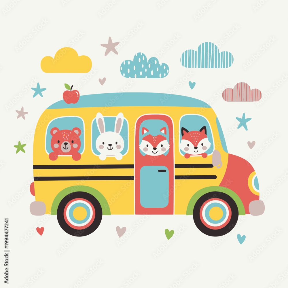 Naklejka premium Cute Animals Riding School Bus, Back to School, Children's Illustration