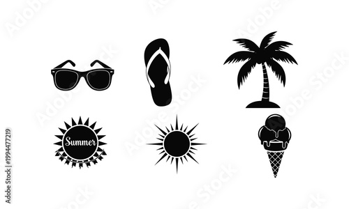 Summer vacation symbols with palm tree and sunglasses silhouette vector illustration icons.