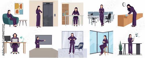 Flat Modern Illustration Set of Business Woman Daily Office Routine Activities Poses Collection