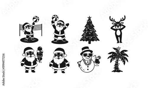 Tropical christmas holiday vector elements featuring santa playing volleyball and palm tree.