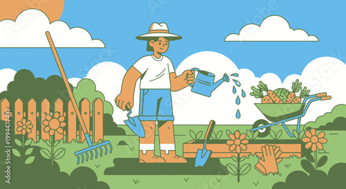 Gardener watering plants in sunny garden with tools and vegetables