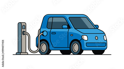 Compact blue electric city car connected to a charging station illustrating sustainable urban transportation and future mobility solutions in a clean modern style