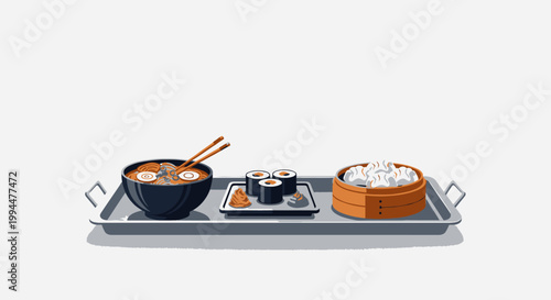 Illustrated tray of various asian foods sushi ramen dumplings isolated