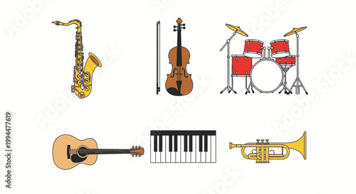 Musical instruments collection saxophone violin drums guitar piano trumpet