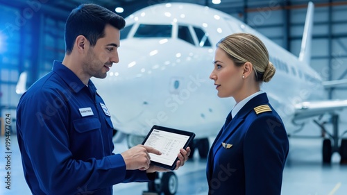 Professional Male Technician Discussing Flight Readiness with Female Pilot in Airplane Hangar