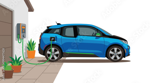 Modern blue electric suv vehicle plugged into a home charging station wall mount on a paved driveway next to potted plants showcasing sustainable transportation and clean energy