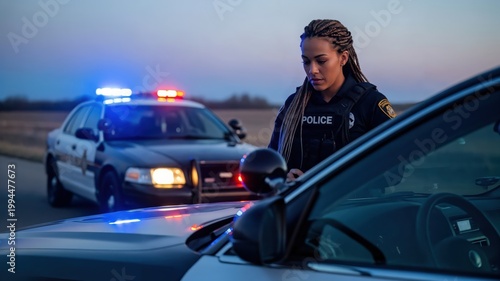 Female Police Officer Conducting Check Alongside Patrol Car at Dusk in Rural Area