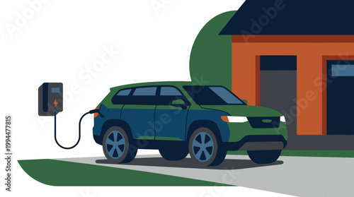 Modern electric suv vehicle plugged into a home charging station on a sunny day illustrating sustainable transportation and clean energy future eco friendly automobile technology