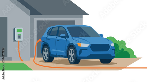 Modern blue electric suv vehicle parked in front of a residential house garage connected to a wall mounted charging station with an orange cable symbolizing sustainable energy