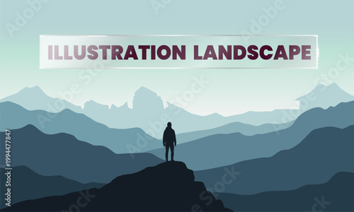 Solitary figure gazing at majestic mountain landscape illustration