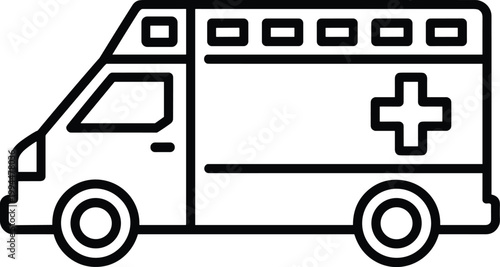 Clean Line Art Ambulance Van Icon, Medical Emergency Vehicle with Red Cross Symbol, Representing Healthcare Services, Hospital Transport, Urgent Care, and Life Support, Minimalist Vector Graphic for W