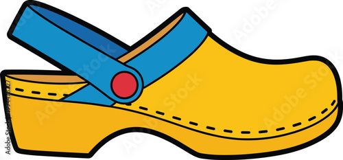 Bright yellow wooden Dutch clog shoe with blue strap and red button detail, isolated on neutral gray background, traditional footwear, cultural symbol, fashion accessory, artisan craft, handmade item,