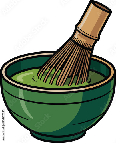 Traditional Green Matcha Tea Being Whisked in Ceramic Bowl with Bamboo Chasen– Japanese Ceremony Preparation, Healthy Beverage Making, Antioxidant Drink for Wellness Lifestyle Focus, Zen Relaxation, M