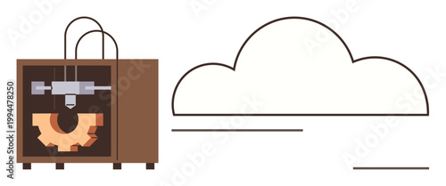 3D printing, cloud computing, innovation, technology integration, manufacturing processes, digital design. 3D printer creating a gear beside a cloud icon. 3D printing and cloud computing concept