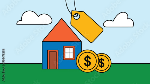 Stylized cartoon blue house with orange roof and brown door on a vibrant green lawn under a clear blue sky with fluffy white clouds, featuring a large golden price tag hanging above and two gold dolla