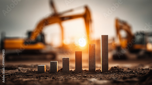 Construction progress visualization industrial site data representation evening light growth concept