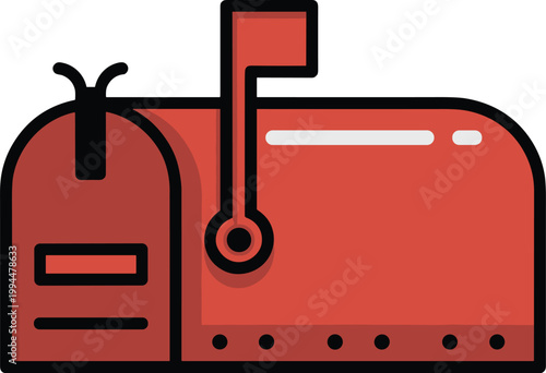 Classic Red Mailbox with Flag Up, Front Door Open for Mail Delivery, Front Exterior of a Traditional Metal Mailbox Standing Outdoors on White Background, Graphic Illustration Symbolizing Communication